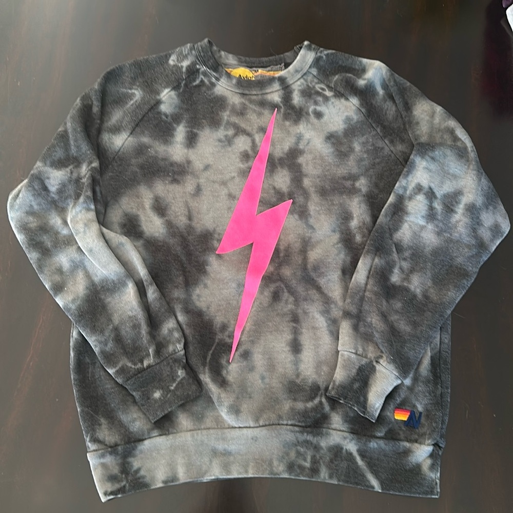 Aviator Nation Black & Grey Tie Dye Crewneck Sweatshirt Pink Lightening Bolt - M